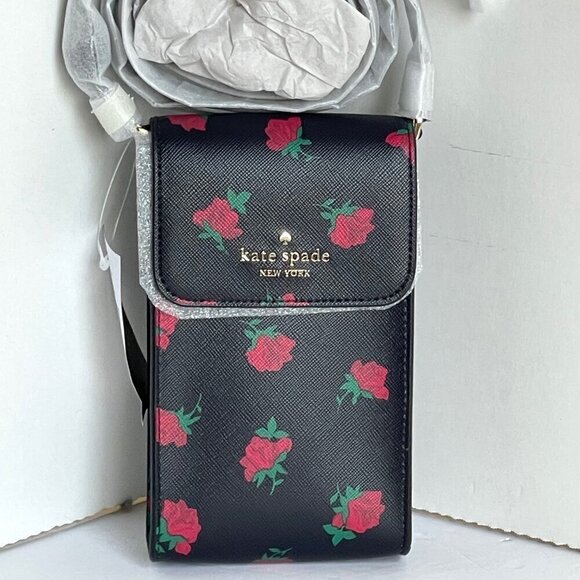 kate spade Handbags - Kate Spade Madison Phone Crossbody Black Rose Toss Leather Bag NWT